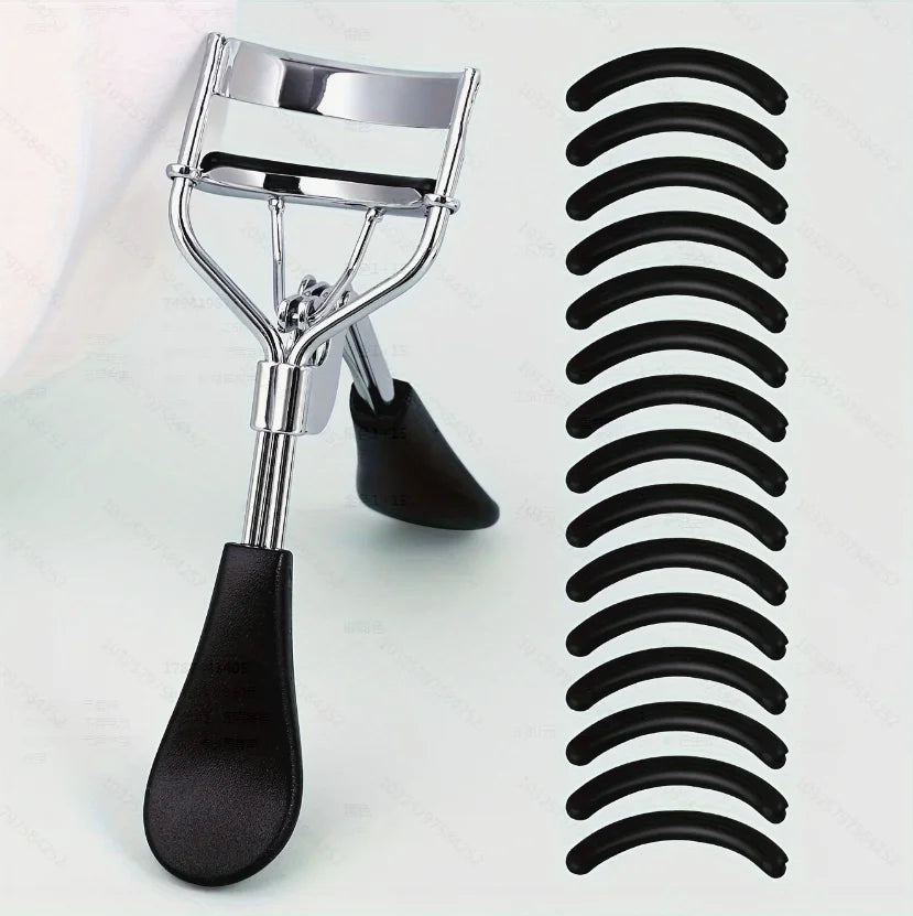 Portable Eyelash Curler with 15 Silicone Pads and Stainless Steel Eyelash Curler, Used for Eyelash Extension and Curling Tools