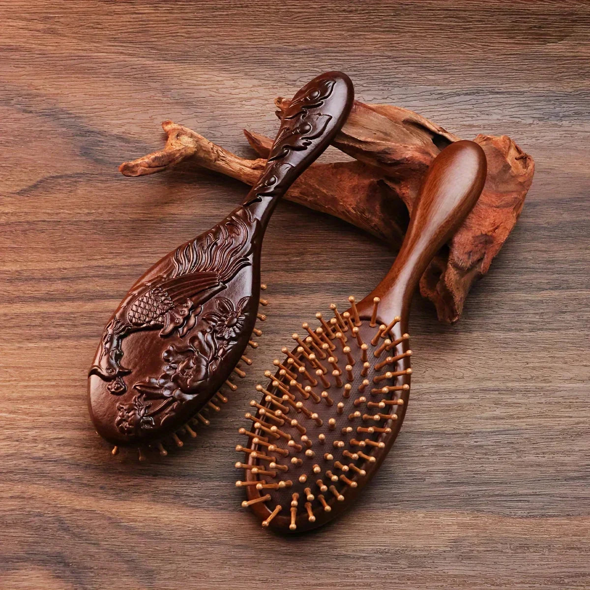 1pc Sandalwood Hand Carved Air Cushion Comb with Bamboo Teeth, Oval Scalp Massage Brush for All Hair Types