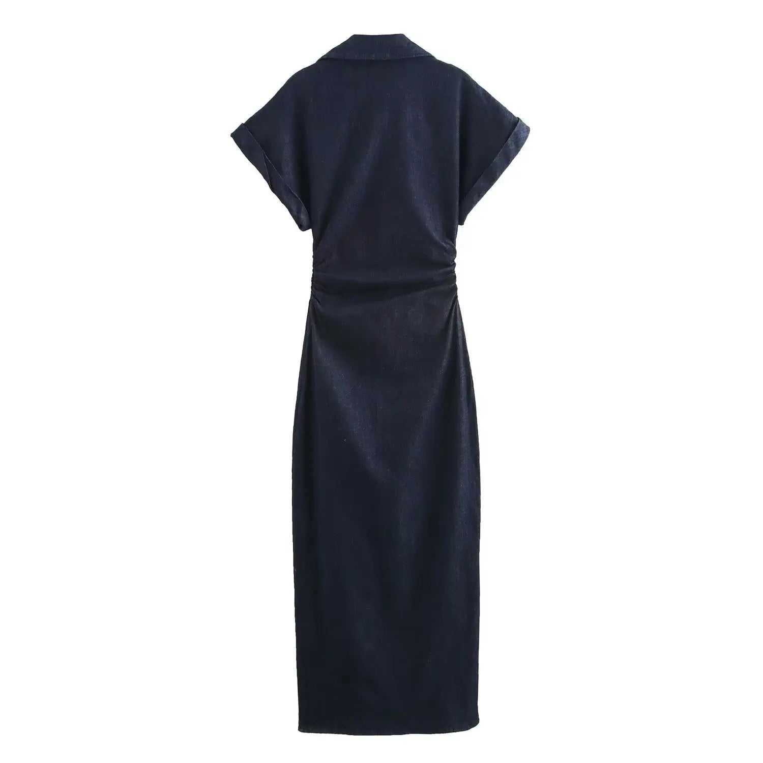 ETJ 2025  Spring New 1975 series denim MIDI dress with lapel side zipper fashion wrinkle waist slim elegant dress