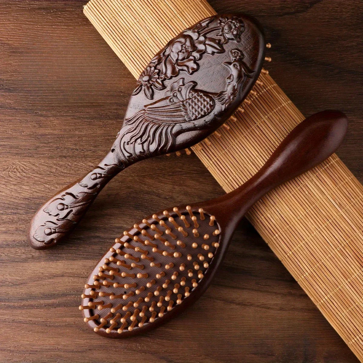 1pc Sandalwood Hand Carved Air Cushion Comb with Bamboo Teeth, Oval Scalp Massage Brush for All Hair Types