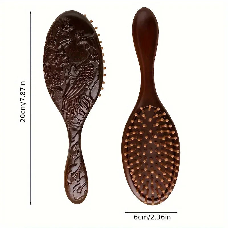 1pc Sandalwood Hand Carved Air Cushion Comb with Bamboo Teeth, Oval Scalp Massage Brush for All Hair Types
